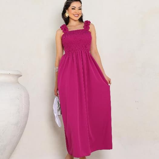 Vestido Longo Feminino Lastex Alça Babado Elegante e Fresquinho