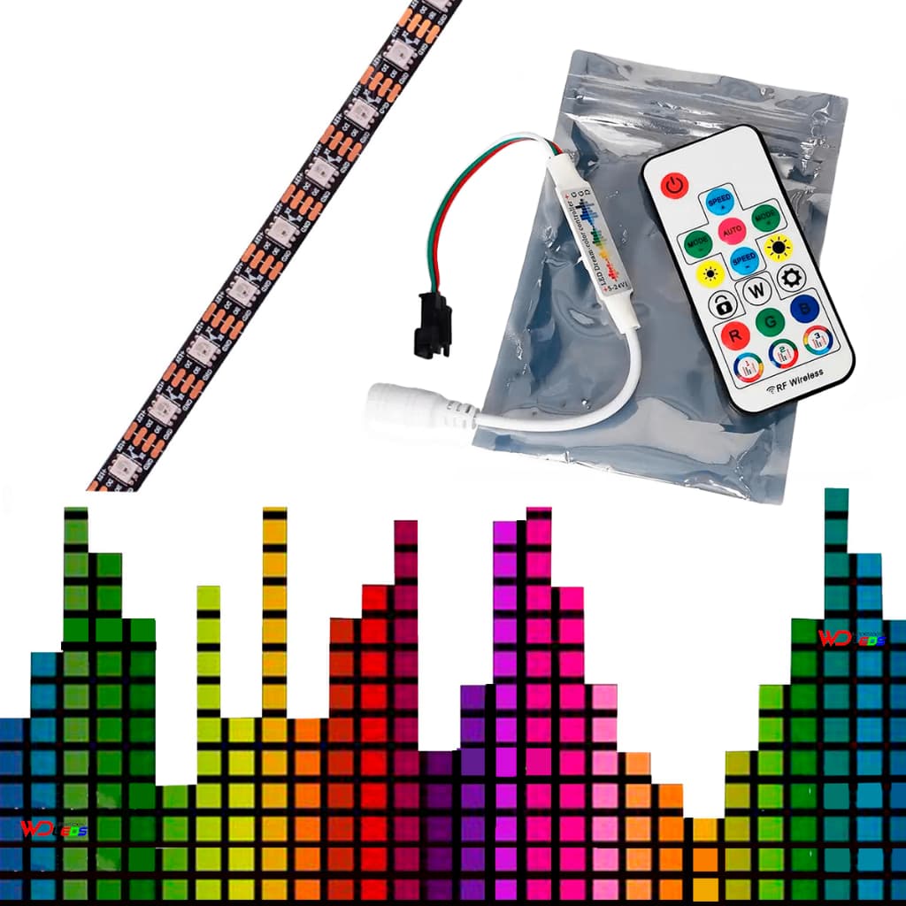 Fita Led Vu Ws2815 300 Leds Ip30 12 Volts + Central Vu Sp104E 9 Funções Ritmicas Som Automotivo