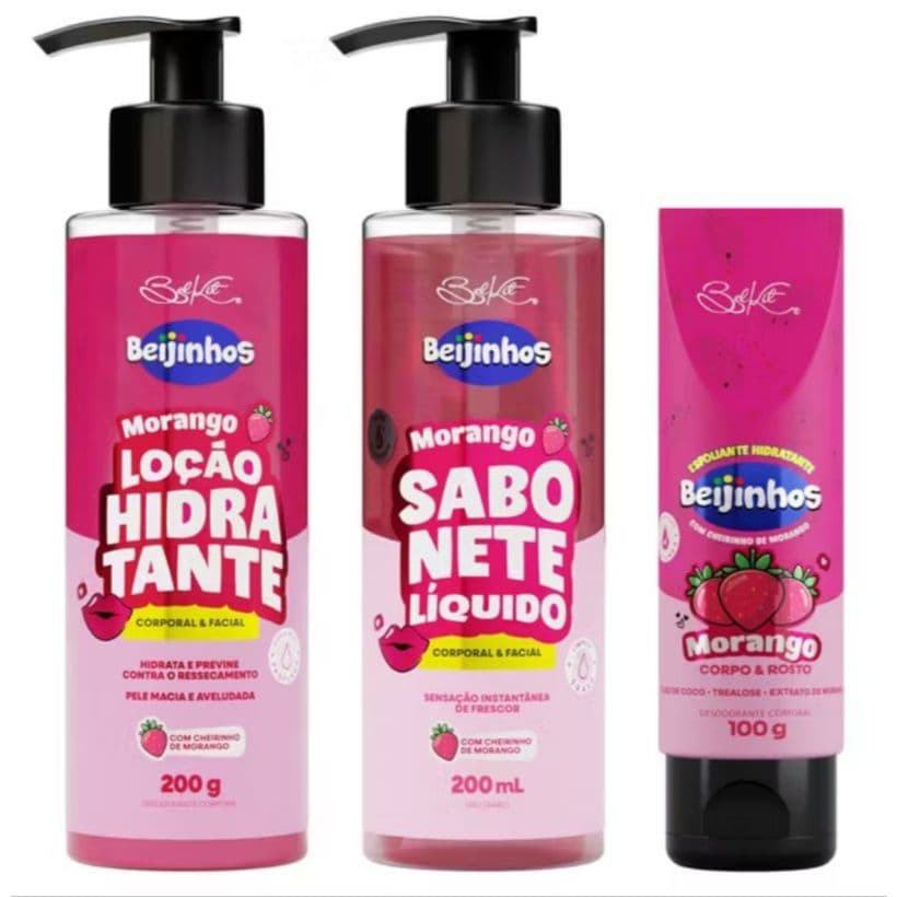 Kit Hidratante, Esfoliante e Sabonete Beijinhos Morango Belkit - Para o Corpo e Rosto