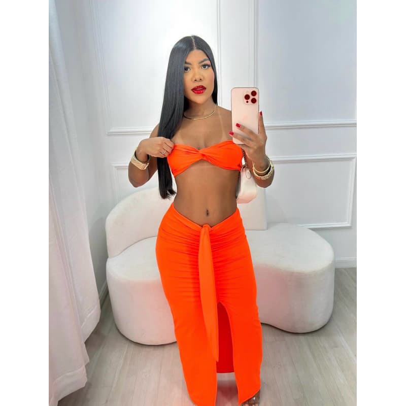Conjunto Cropped e Saia Longa Drapeada Top torcido nó elegante