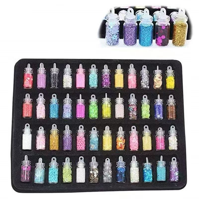 Conjunto 48 Frascos Decoração Nail Art Variados Glitter, Lantejoula, Estrelas, Pó Metalizado para Manicure