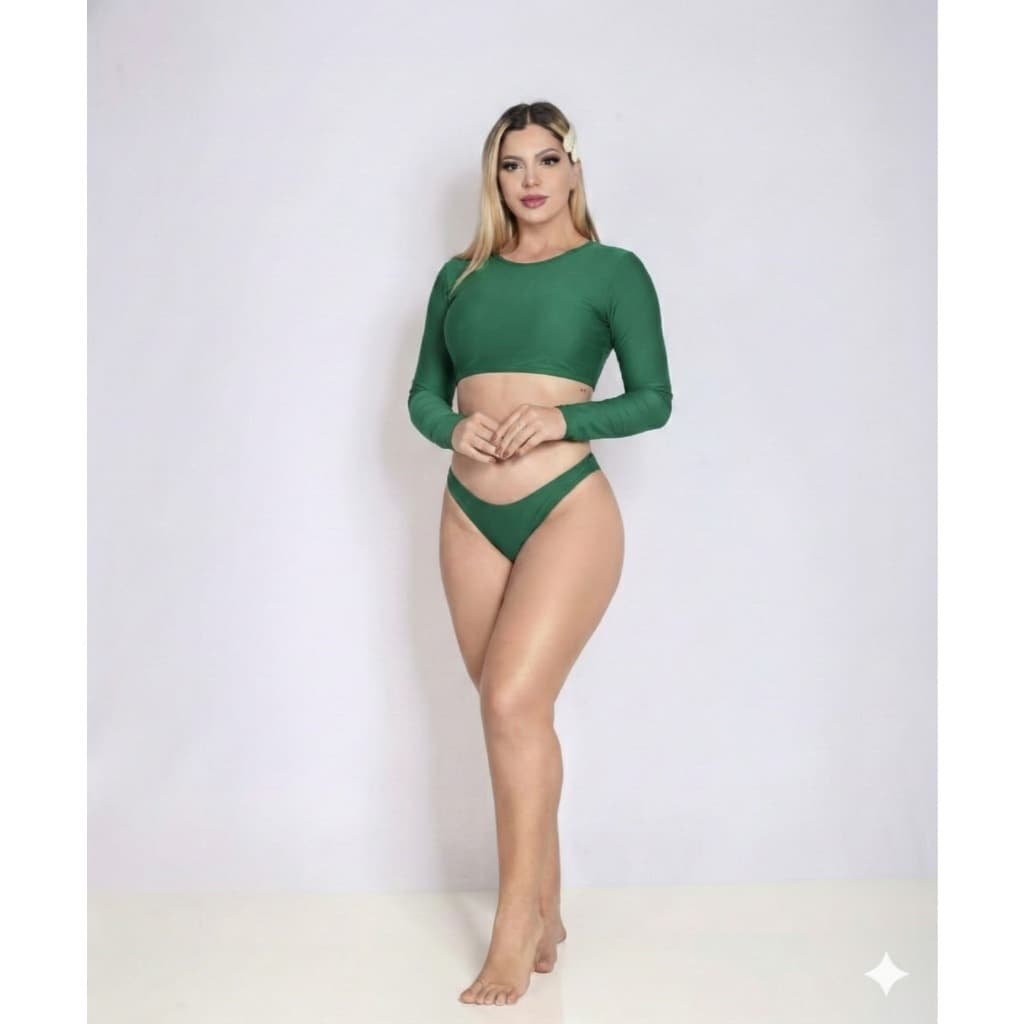 Biquíni Cropped Com Bojo Removível Top Manga Longa  Proteção U.V Calcinha Tradicional