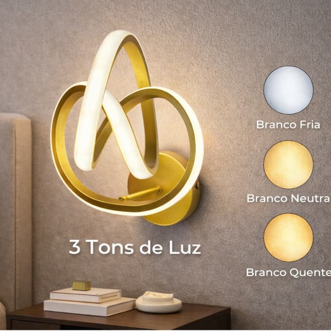 Arandela LED Espiral Aurora Dourada 3 Tons de Luz Bivolt Moderna Quarto Sala