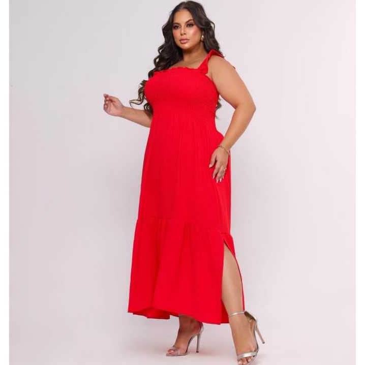 Vestido Plus Size Vermelho Dresses Moda Maior Evangelico Casual Lastec Longo Fenda Festa Elegante