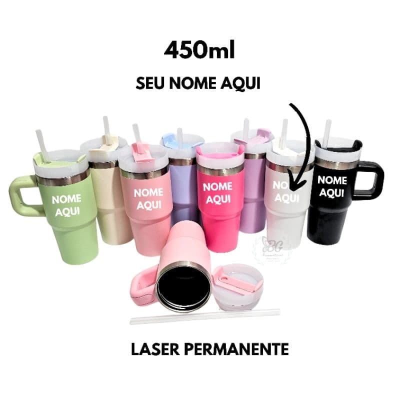 Copo térmico inox 450ml com tampa e canudo personalizado com nome e desenho presente exclusivo