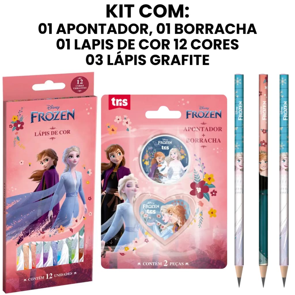 Kit Escolar Frozen com Lapis de Cor 12 cores Lapis Grafite Borracha Apontador