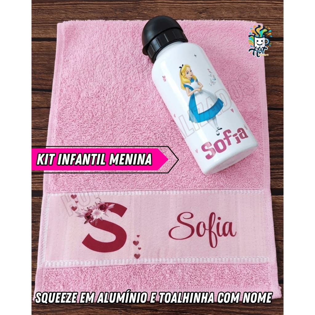 Kit com Squeeze e Toalhinha com nome Volta às Aulas Infantil