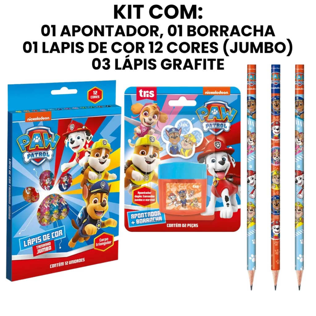 Kit Escolar Patrulha Canina com Lapis de Cor 12 cores JUMBO Lapis Grafite Borracha Apontador