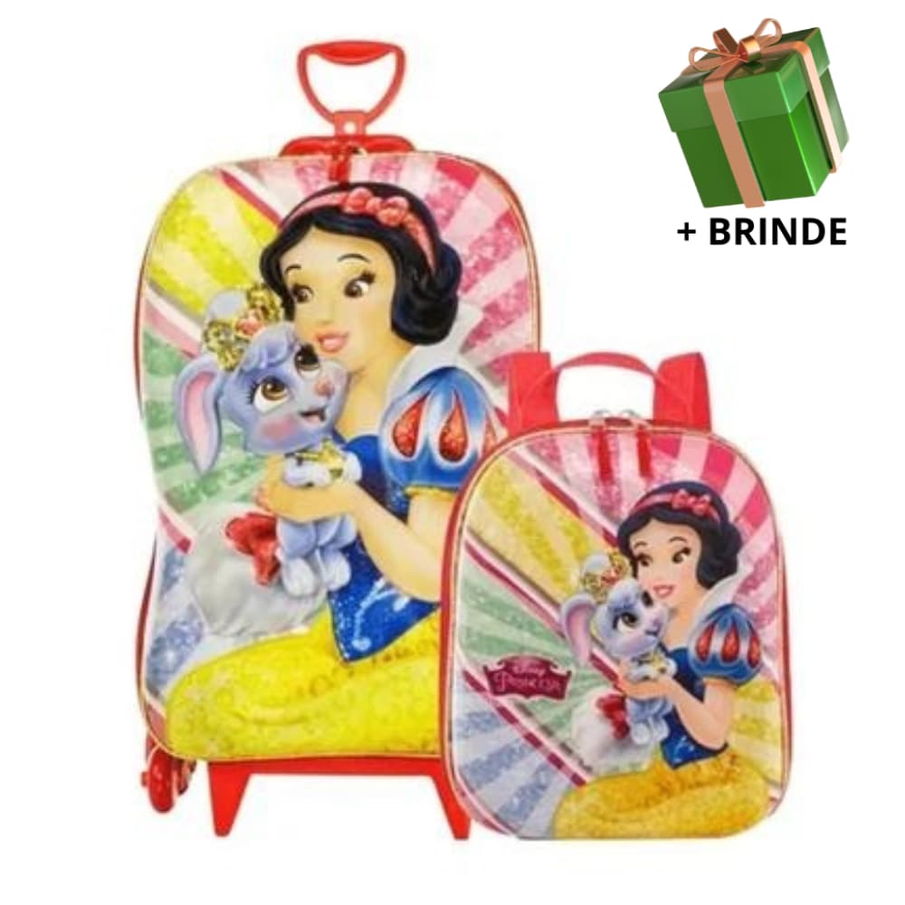 Mochila Escolar Menino Menina Lancheira Mala Infantil Branca De Neve 3D Rodinha Resistente Passeio