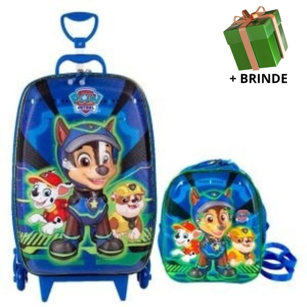 Mochila Escolar Menino Menina Lancheira Mala Infantil Rodinha Viagem Resistente 3D Patrulha Canina