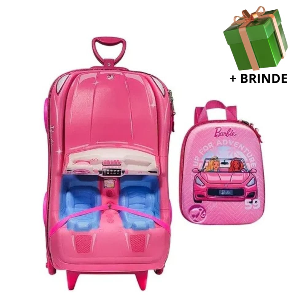 Mochila Escolar Menino Menina Lancheira Mala Infantil Barbie Carro 3D Rodinha Resistente Viagem