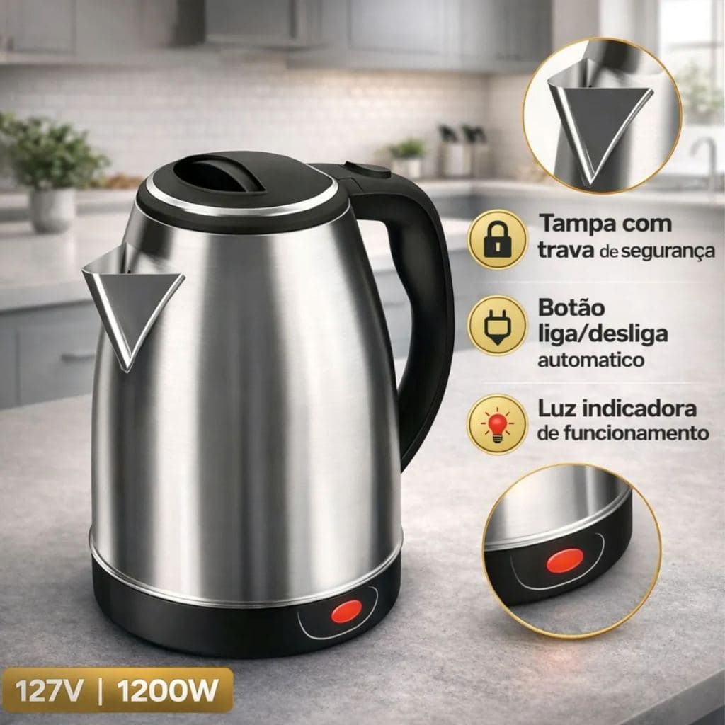 Chaleira Elétrica 1.8 Litros Em Inox Automática Aquecimento Rápido Segura Café Chá