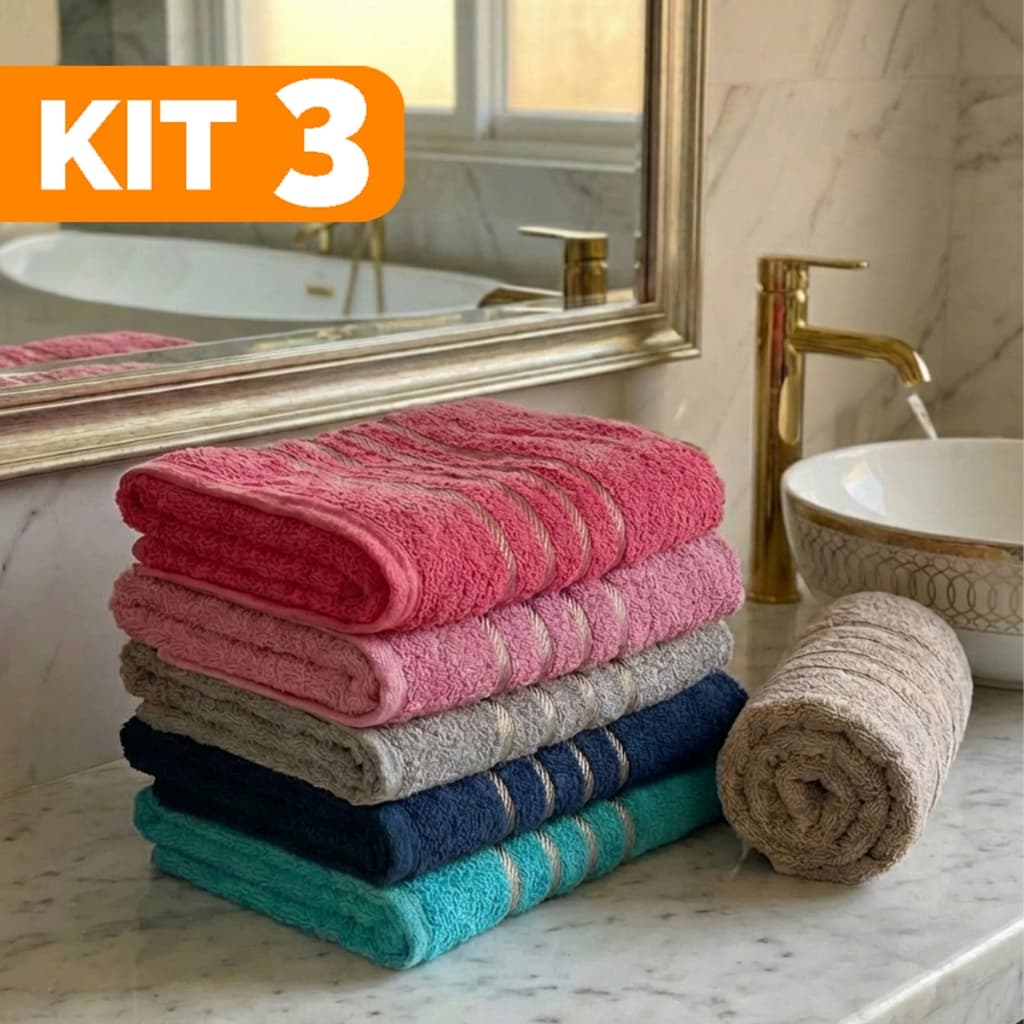 Kit 3 Tolhas De Banho Grande Banhão 70x130cm Felpuda Macia 100% Algodão Excelente Absorção