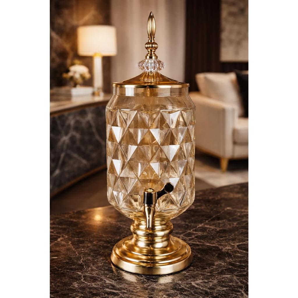 Suqueira de Vidro Âmbar com base metálica dourada 2,5 Litros - 42x14cm - 44876 - Decoração Luxo