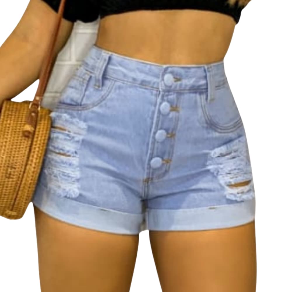 Short Jeans Feminino Cós Alto Com Lycra Botões Hot Pants Modelador Levanta Bumbum Shorts Curto