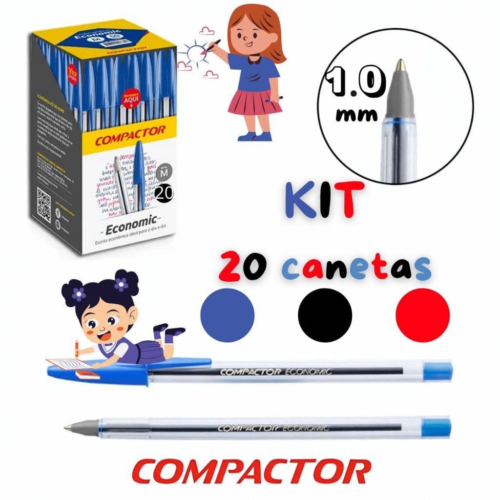 Kit com 20 Canetas Esferográficas 1mm - Cores Azul Vermelha Preta COMPACTOR