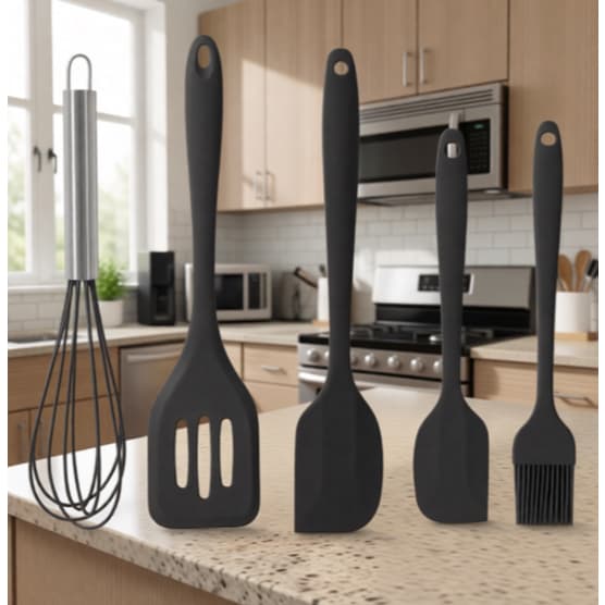 Kit 5 Peças Utensílios Cozinha Silicone Batedor Fouet/Espátula vazada/Espátula G/Espátula P/Pincel Culinário