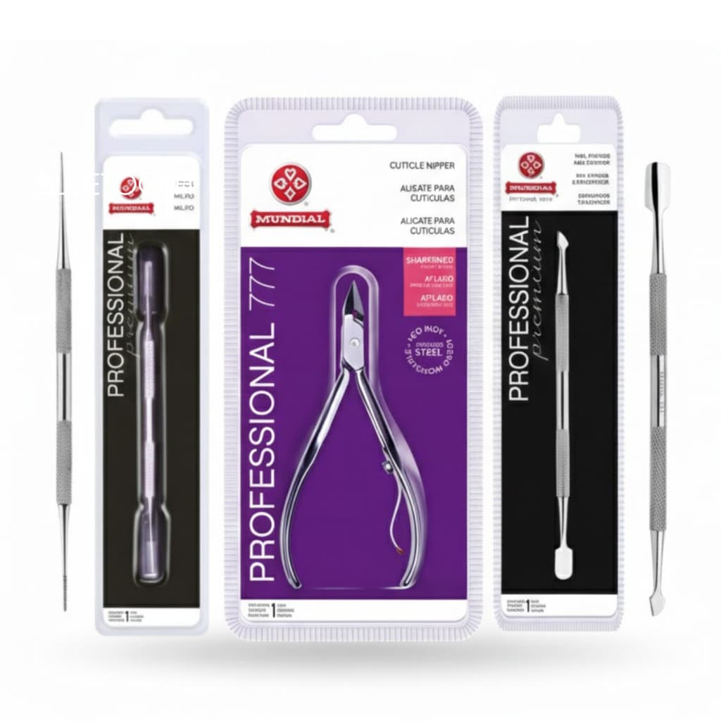 Kit Manicure Mundial 777 Alicate Cutícula Unha Profissional Espátula Palito Aço Inox Pedicure