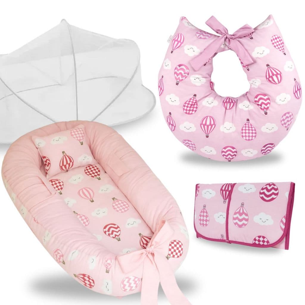 Ninho Redutor Berço Almofada Amamentação Trocador Mosquiteiro Kit 4 Peças Enxoval Bebe Balão Rosa