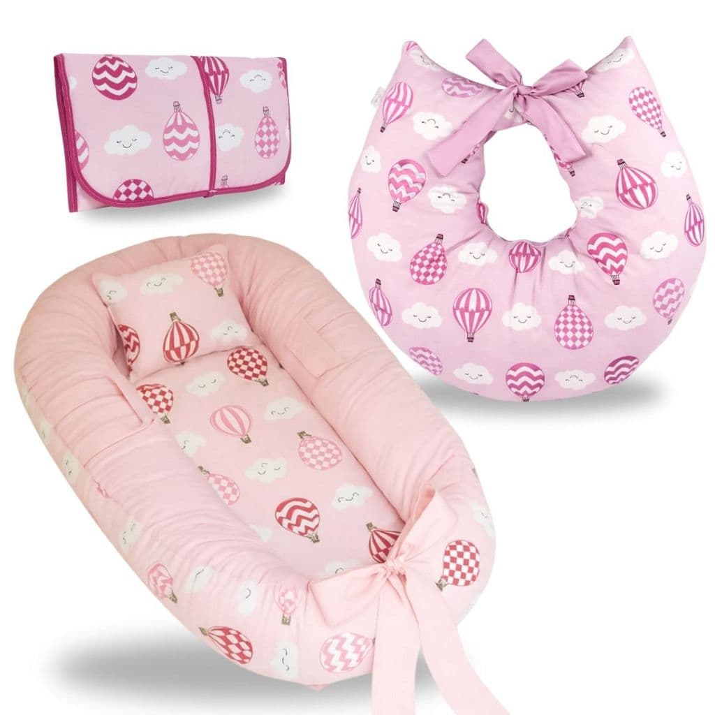 Ninho Redutor de Berço Menina Almofada Para Amamentação Trocador Kit 3 Peças Enxoval Bebe Balão Rosa