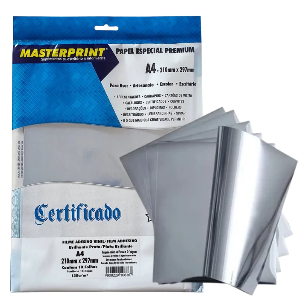 FILME ADESIVO VINIL PRATA GLOSSY JATO DE TINTA 135G 10fls prateado impressão