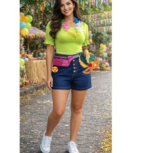 Short feminino jeans cós alto botões na frente elástico no cós plissado, perna folgada jeans confortável leve não marca