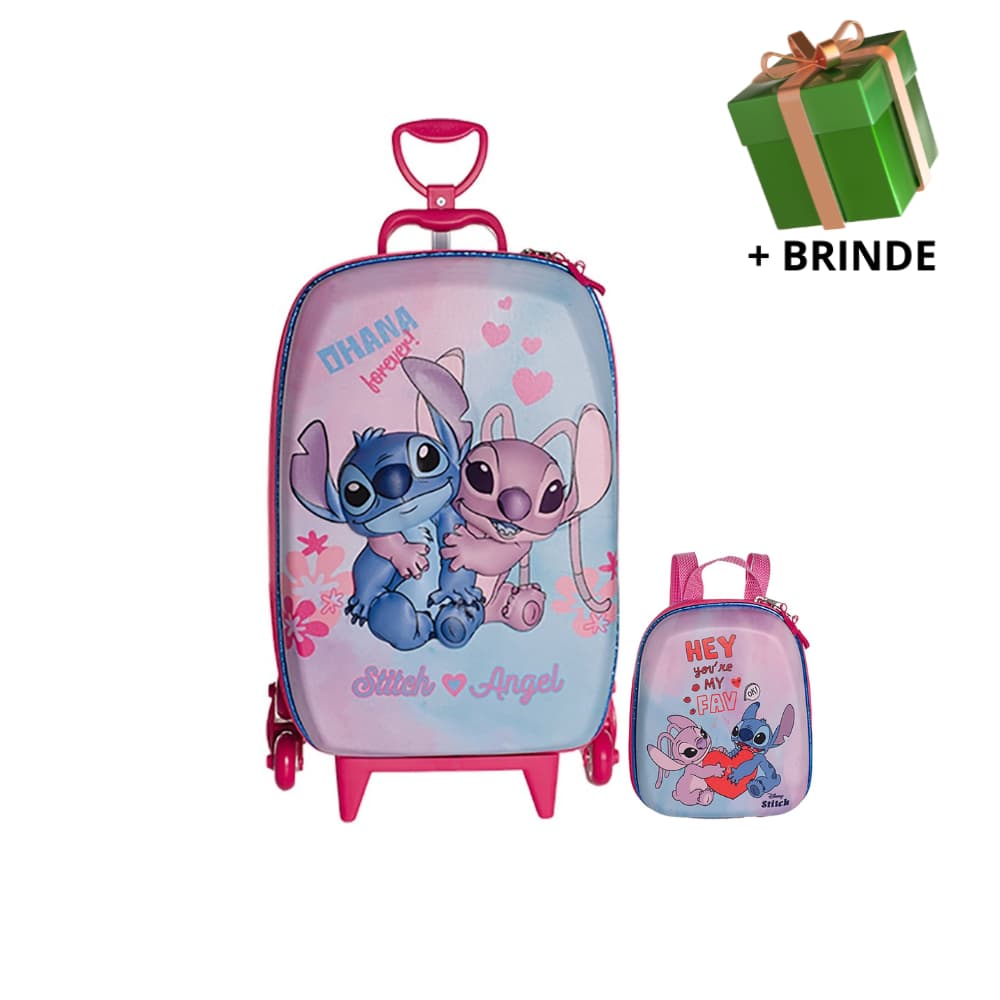 Mochila Escolar Menino Menina Lancheira Mala Infantil 3D Rodinha Resistente Passeio Stitch Viagem