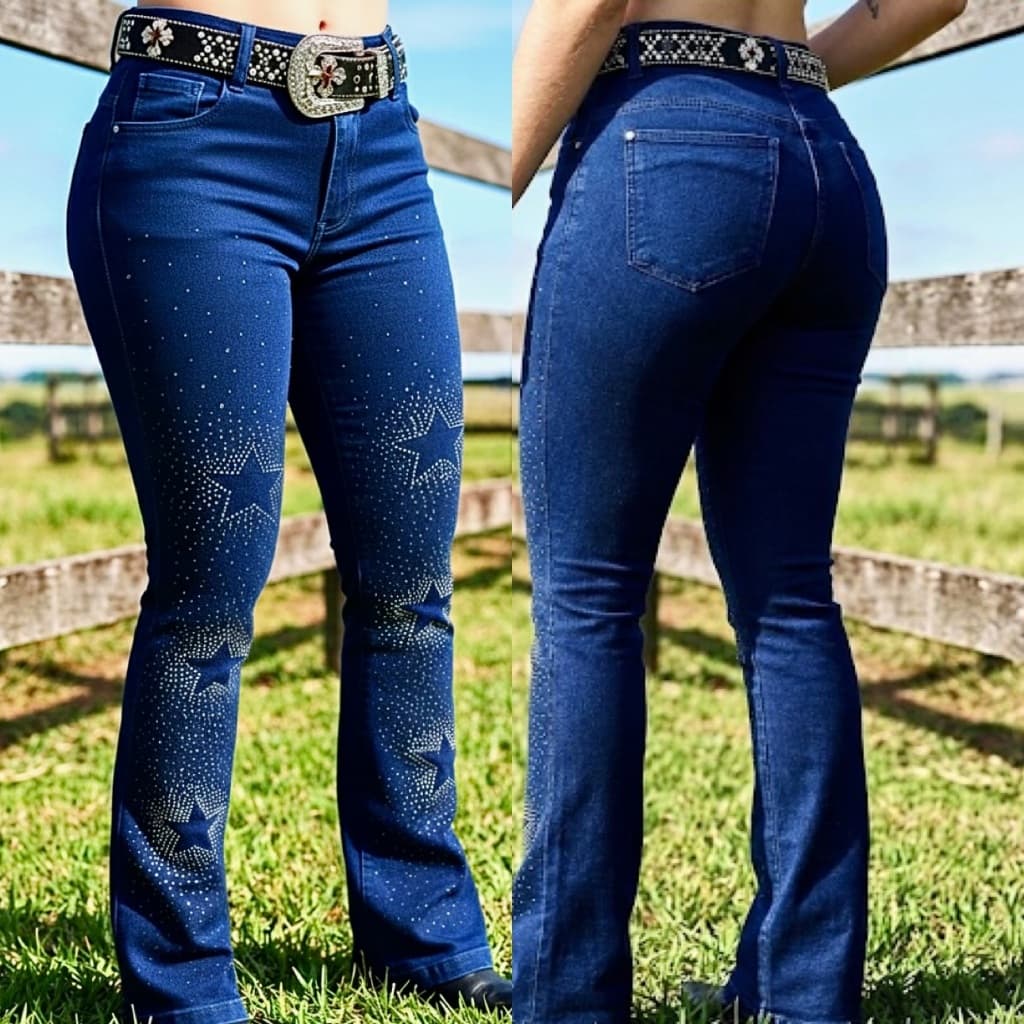 Calça Country Flare Jeans Feminina Estrelada Cintura Alta com Brilhos Luxo Rodeio Cavalgada