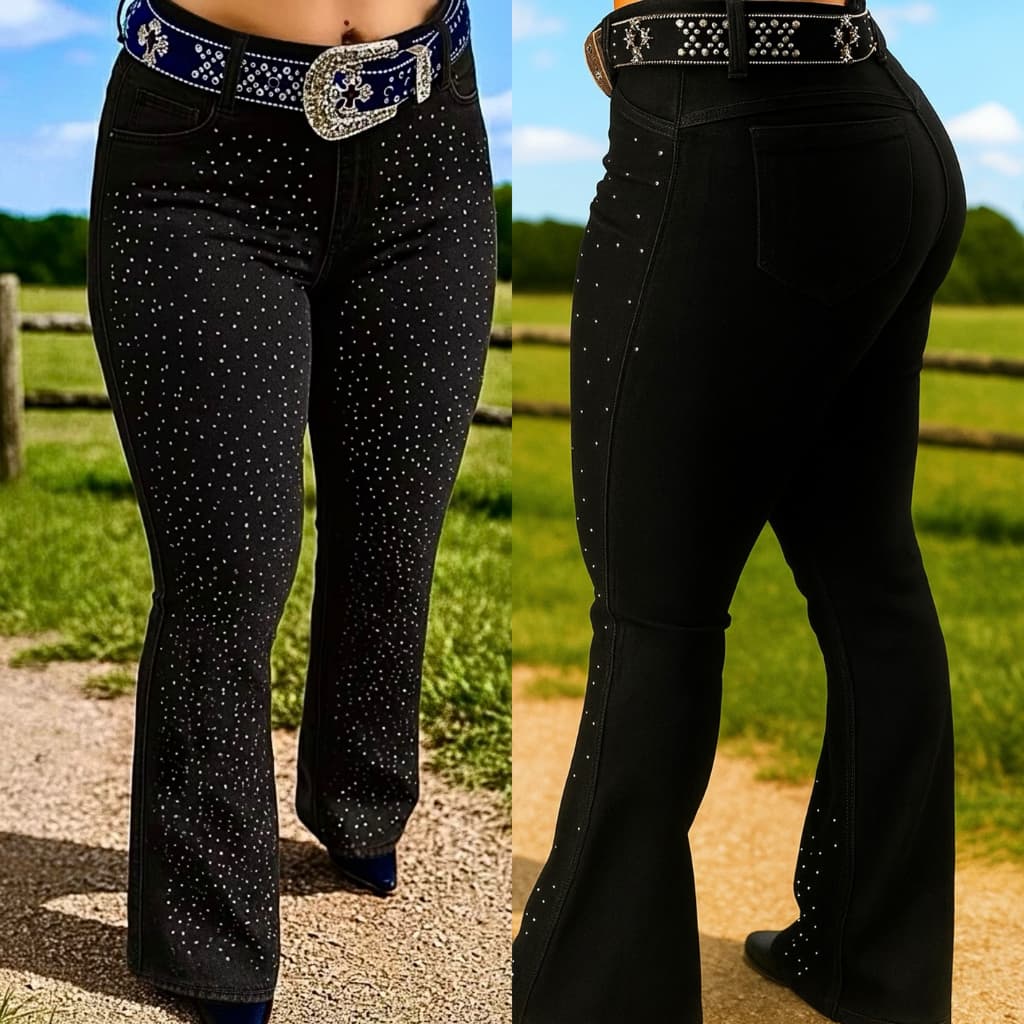 Calça Country Flare Jeans Feminina Linha Premium Pedrarias Cintura Alta com Brilhos Rodeio Cavalgada