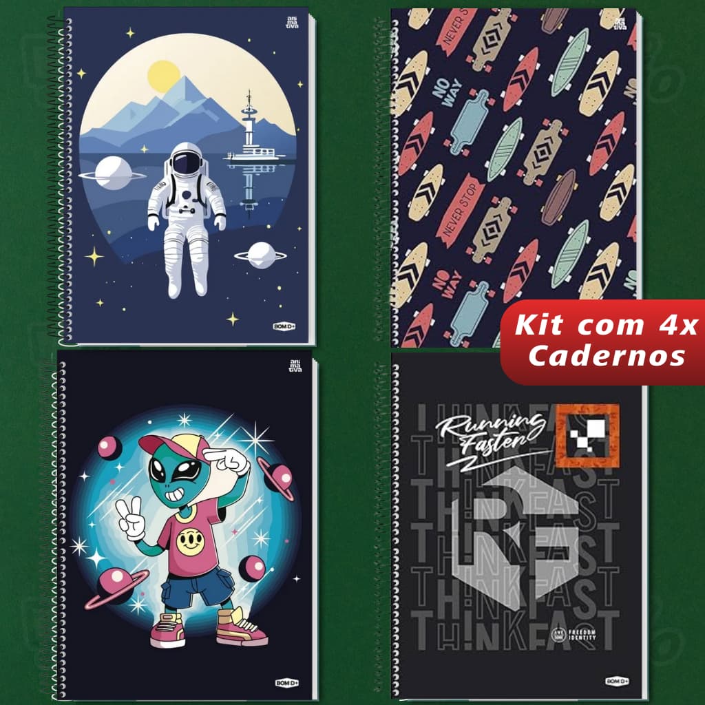 Kit 04 Cadernos Universitário 1 Matéria 80 Folhas Masculino Espiral Capa Dura