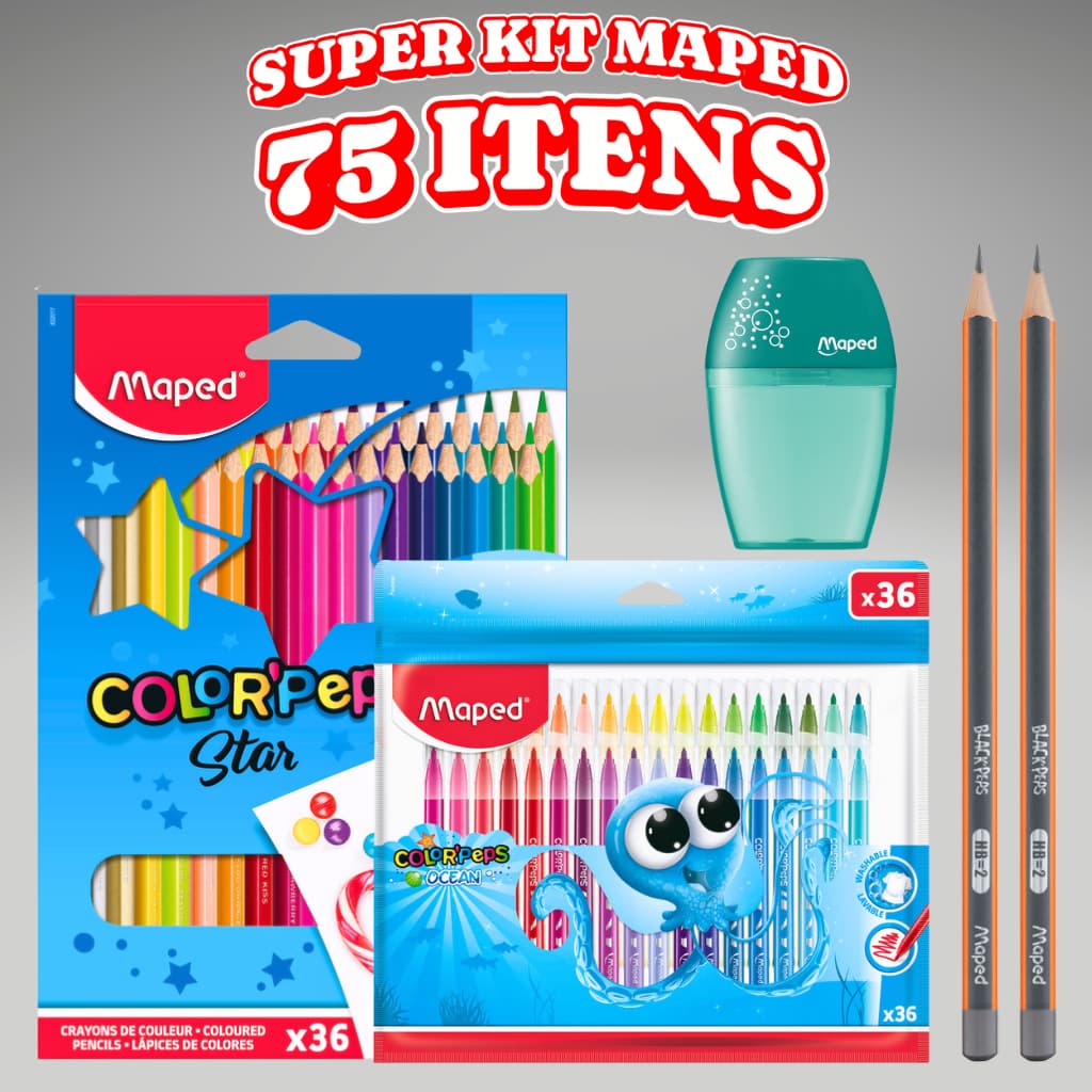 Super Kit Maped Lápis de Cor 36 + Canetinhas 36 Cores Colorpeps Estojo Escolar 28 a 75 Itens
