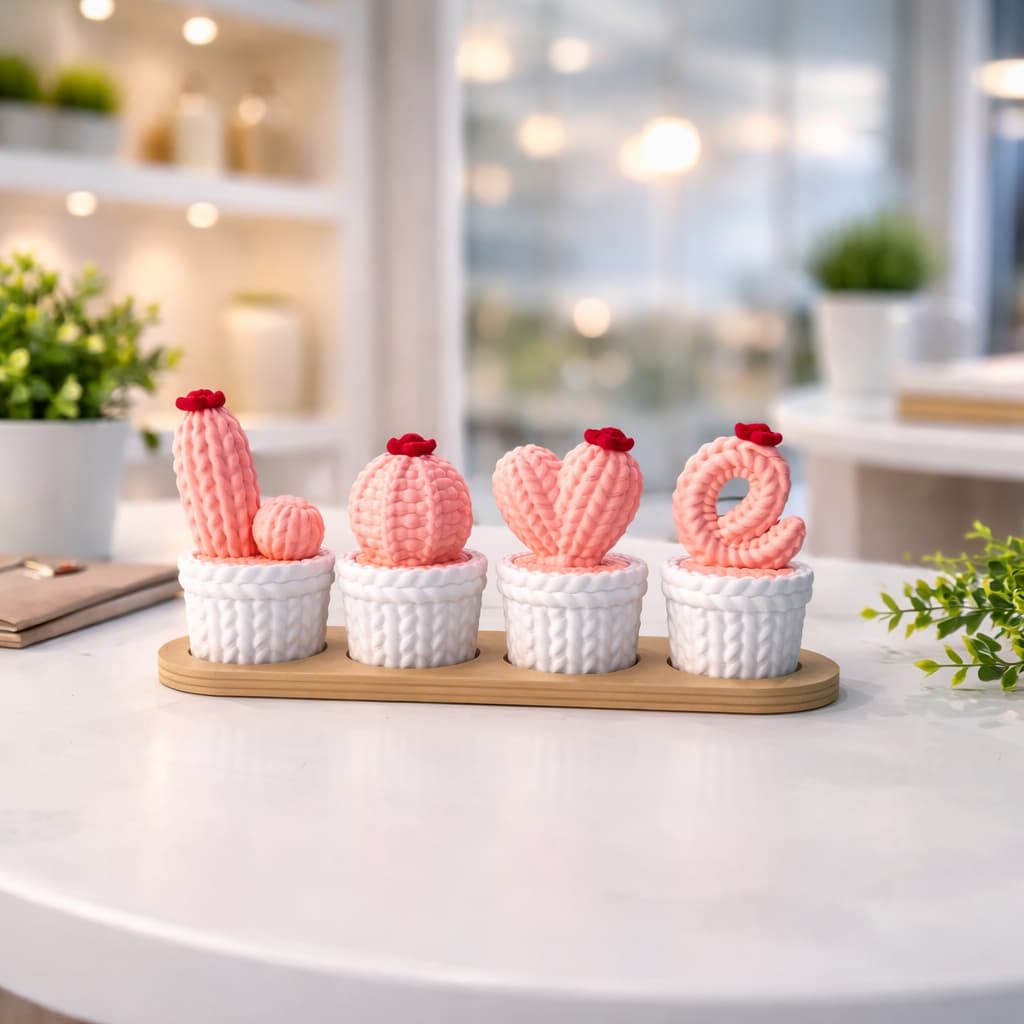 Kit MINI Vaso Decorativo Cacto LOVE – Estilo Crochê Decoração para Sala, Escritório.