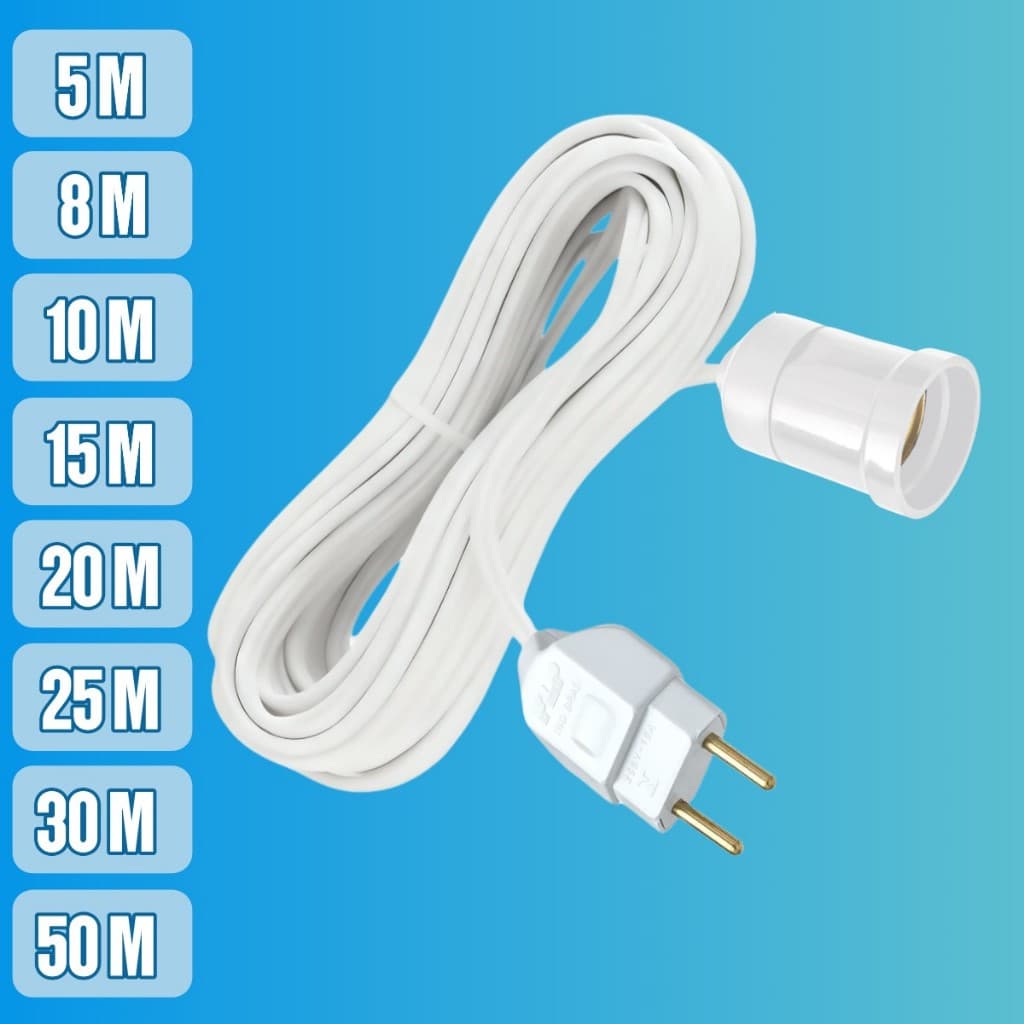 Soquete E27 Extensor com Tomada Flexível para Lâmpada Bocal Branco Extensão Cordão Branco