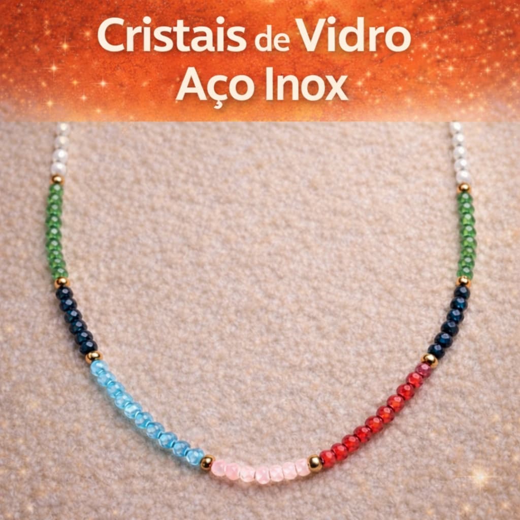 Colar Colorido Feminino Cristais de Vidro e Aço Inox Ajustável Não Escurece choker