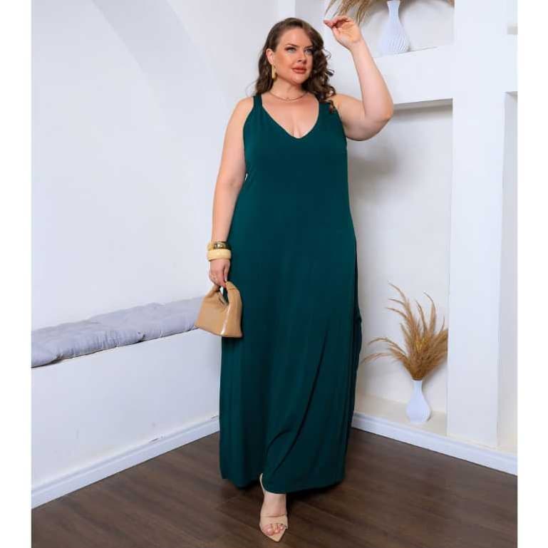 VESTIDO LONGO MUSGO PLUS SIZE VISCOLYCRA DECOTE EM V COM ABERTURA LATERAL VESTE DO 46 AO 52