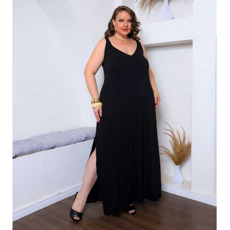 VESTIDO LONGO PRETO PLUS SIZE VISCOLYCRA DECOTE EM V COM ABERTURA LATERAL VESTE DO 46 AO 52