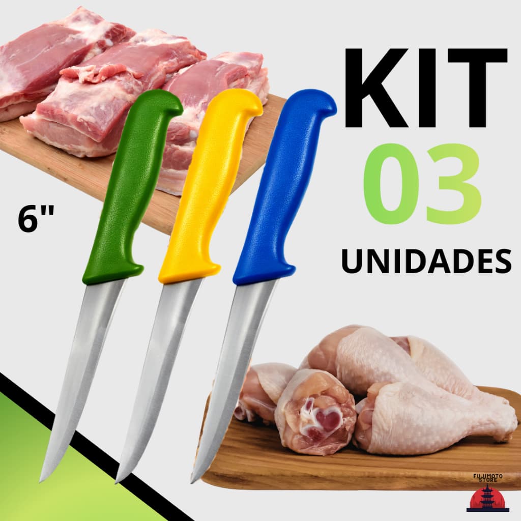 Faca Desossar 3 Unidades Premium 6 Pol. Profissional Cortes Carnes Cabo Colorido Ergonômicos