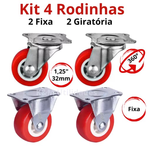 Kit com 4 Rodinhas 1,25" 32mm 2 com giro 360º 2 fixa - Rodízios Reforçado 360º