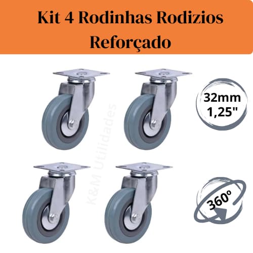 Kit Conjunto com 4 Rodinhas 1,25" 32mm Giratória  Rodizios Reforçado Giro 360º