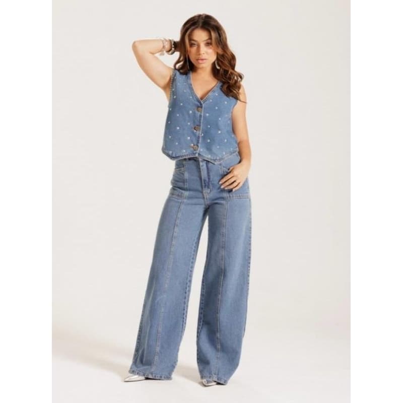 Calça Jeans Feminina Pantalona Cintura Alta Wide Leg Moderna.