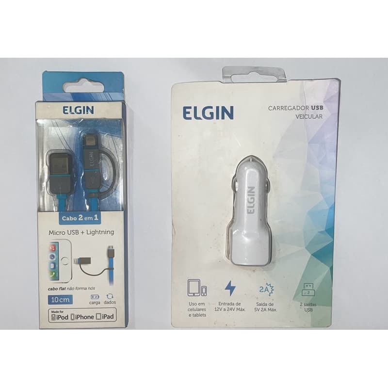 Cabo 2 em 1 Apple MFI e Micro USB Flat 10cm Verde /Rosa/Azul / Carregador Veicular USB com 2 Saídas 2A 10W ELIGIN