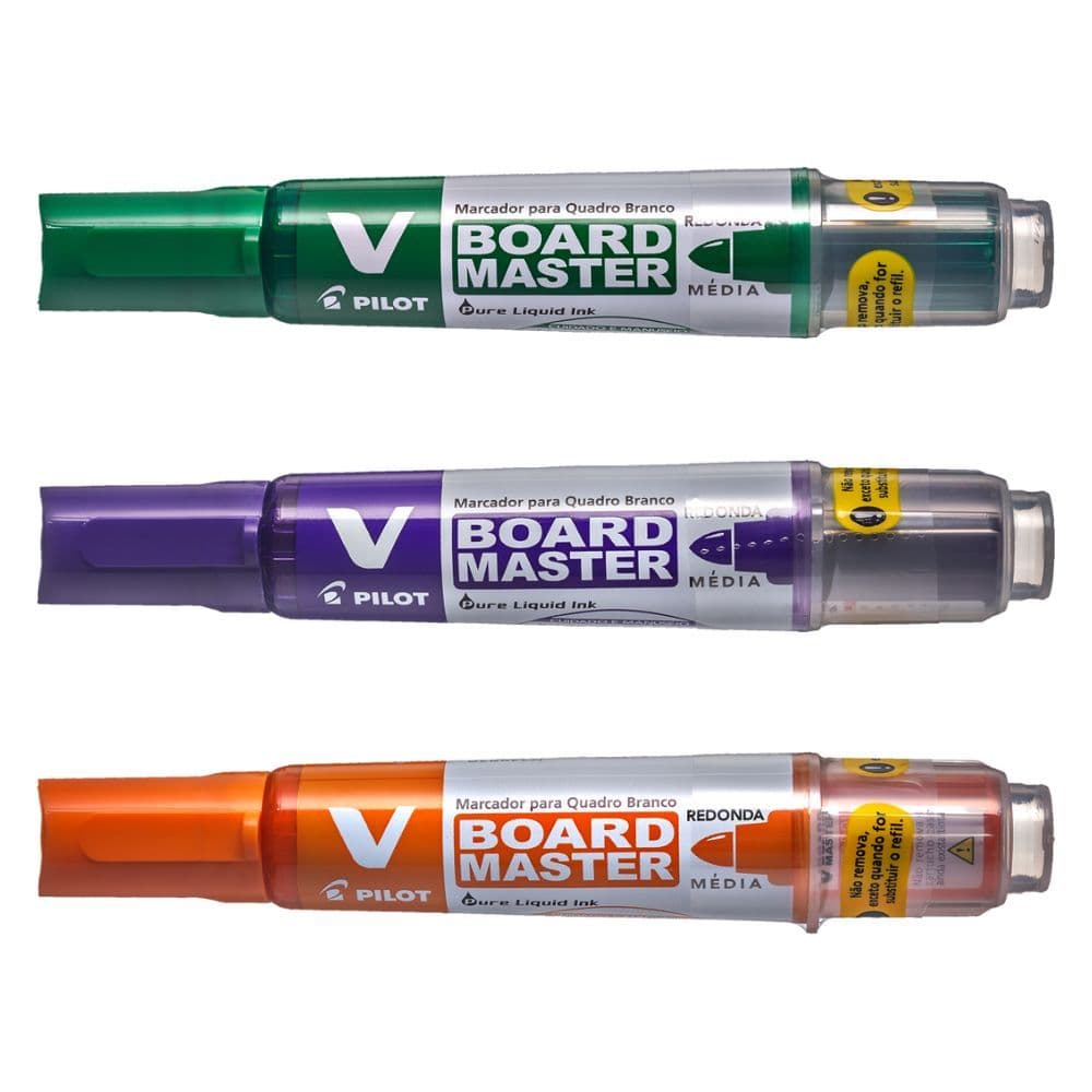 Kit 3 Canetão Marcador Pincel Quadro Branco Recarregável V-Board Master Pilot Verde Violeta Laranja
