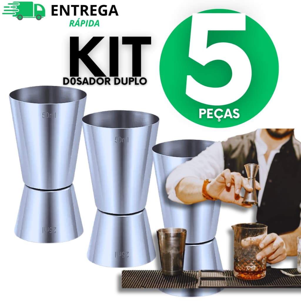 Kit 05 Socador de Caipirinha e Dosador Duplo Inox Macerador Coqueteis Bebidas Bar Restaurante Conjunto