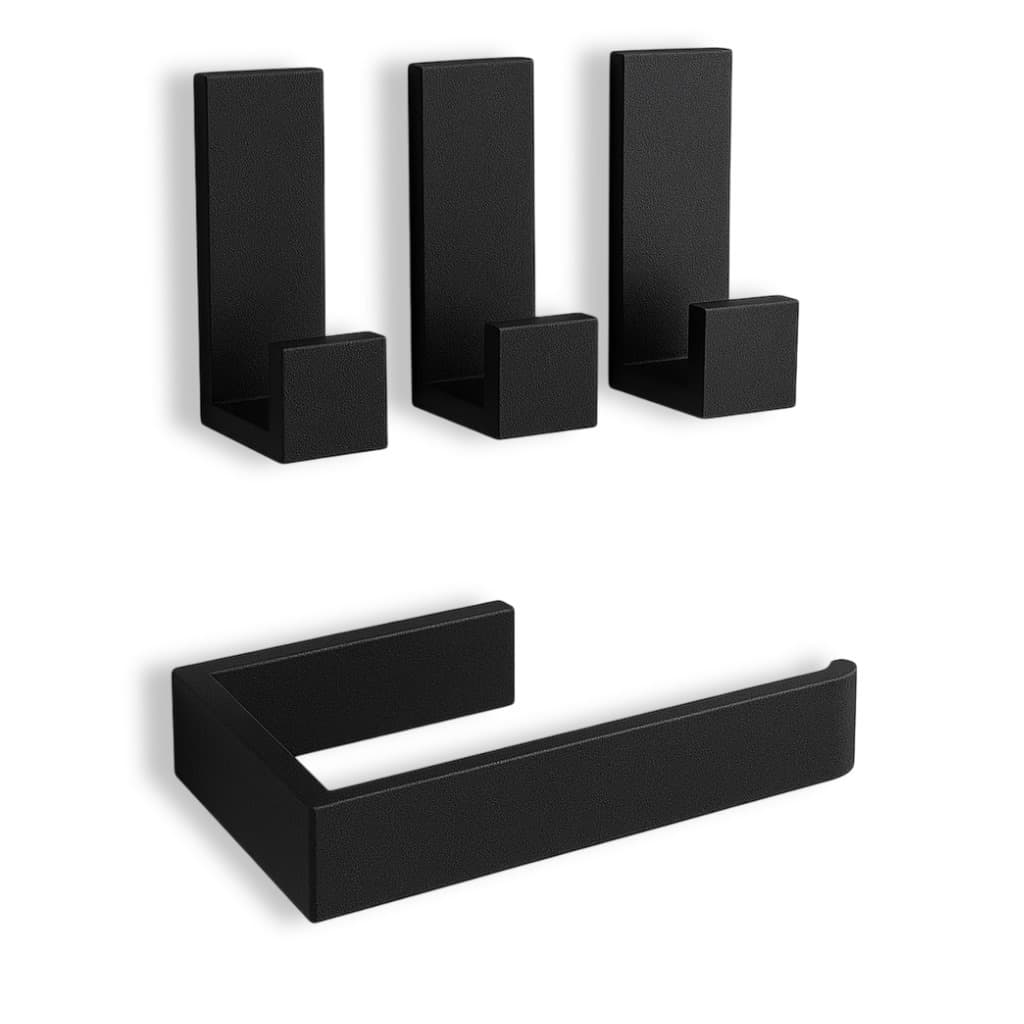 Suporte Porta Papel Higiênico Preto/Cinza Adesivo + Suporte Toalha Gancho Adesivo Preto/Cinza