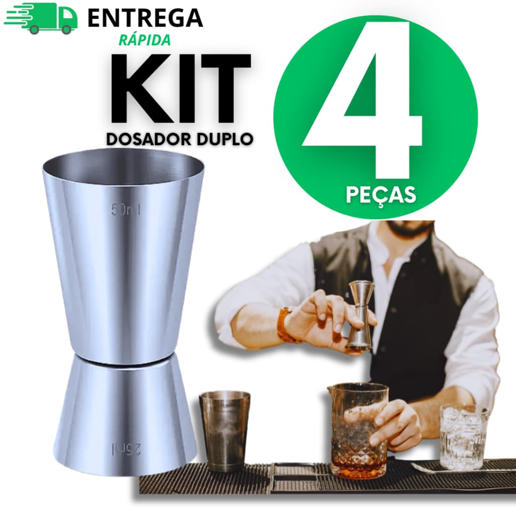 Conjunto Jogo  04 Dosador Duplo Inox Coqueteeis Bebidas Bar Restaurante Premium Utilidades