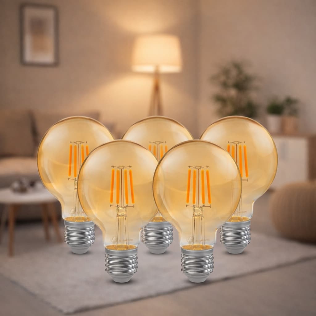 Kit 5 Lâmpada Filamento LED G80 4W E27 LUZ QUENTE (2200K) Âmbar Retrô Vintage 110V~220V | Bivolt