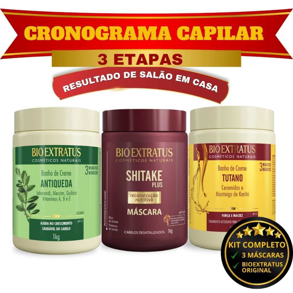 Kit Cronograma Capilar Crescimento BioExtratus 1Kg  1BC Antiqueda, 1BC Tutano, 1Mascara Shitake Plus