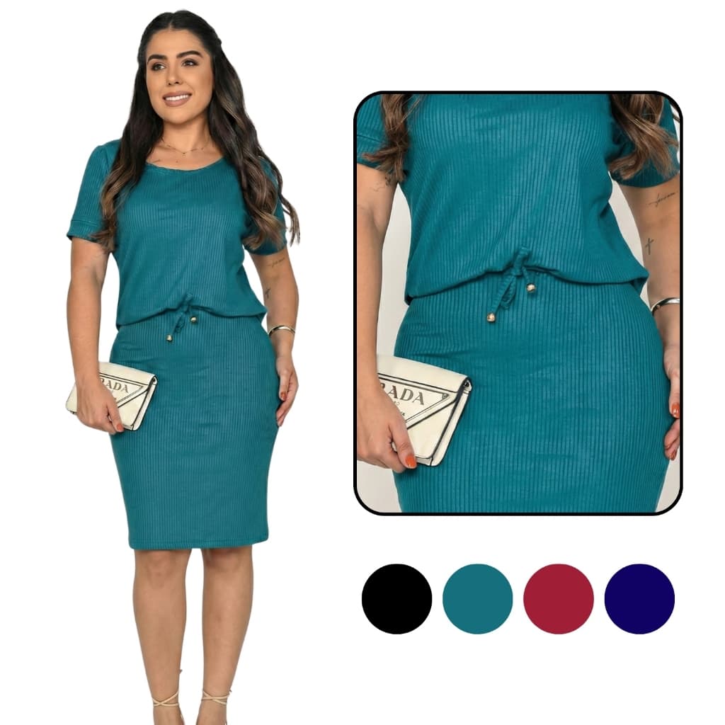 Vestido Blusado Midi Feminino Moda Evangélica Escritório Tecido Canelado Amarração Plus Size