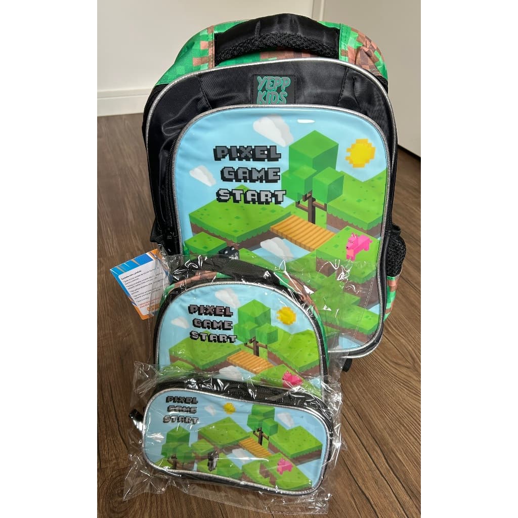 Kit 3 peças Mochila Escolar Infantil Criança Rodinha Menino + Lancheira + Estojo