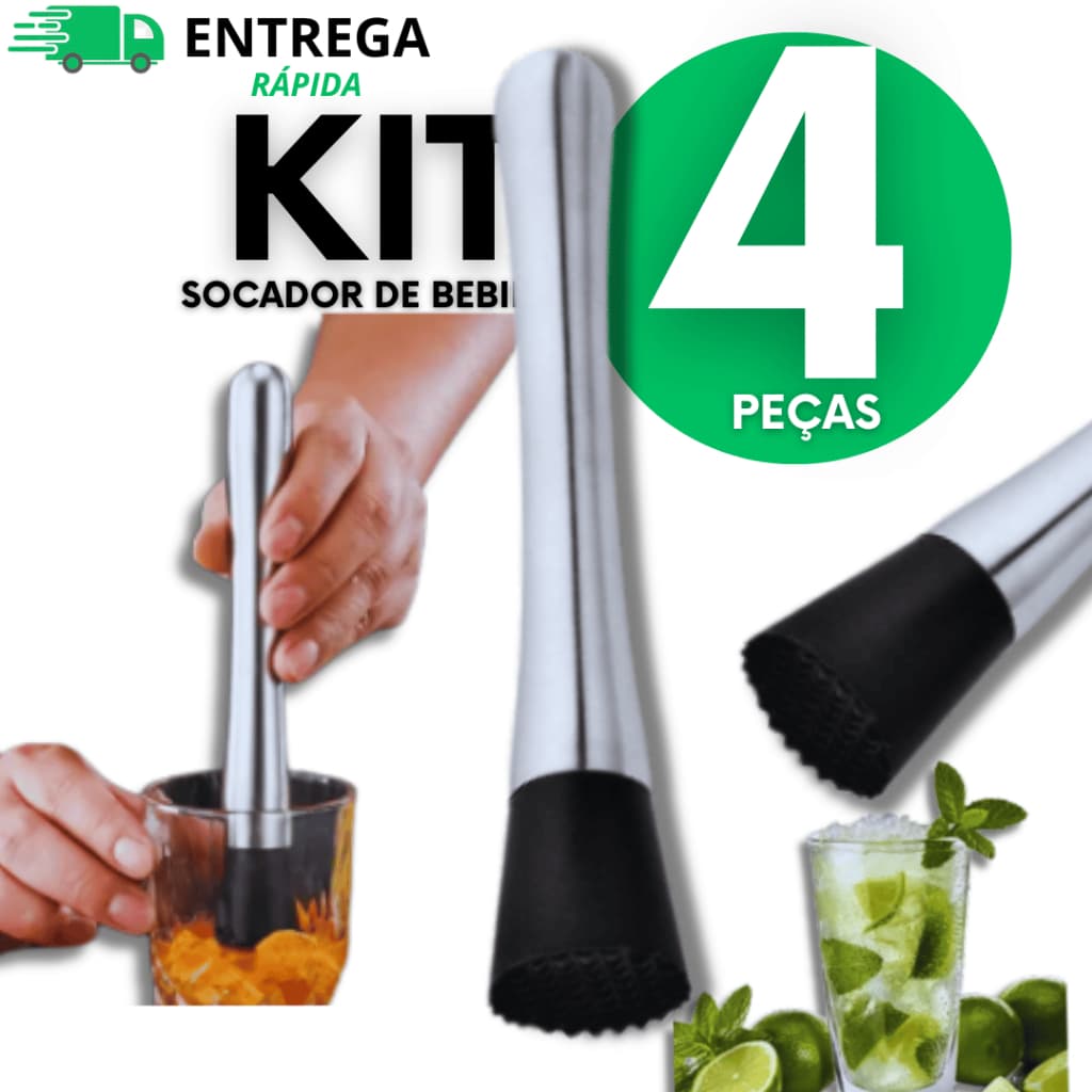 KIT 04 Socador Macerador Caipirinha Aço Inox Amassador Batida Coquetel Barman Premium Utilidades Qualidade Excelente
